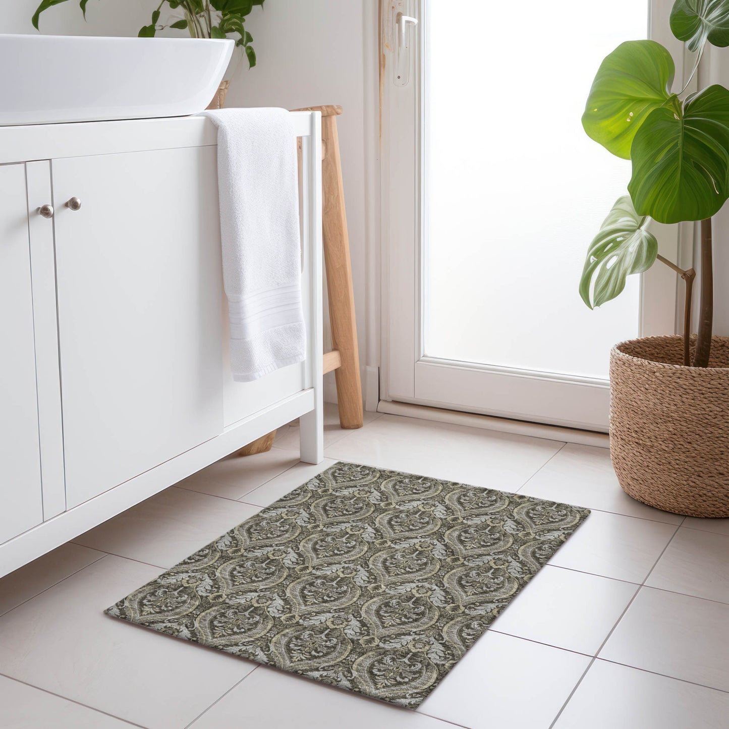 2' X 3' Taupe and Beige Damask Washable Non Skid Indoor Outdoor Area Rug-8