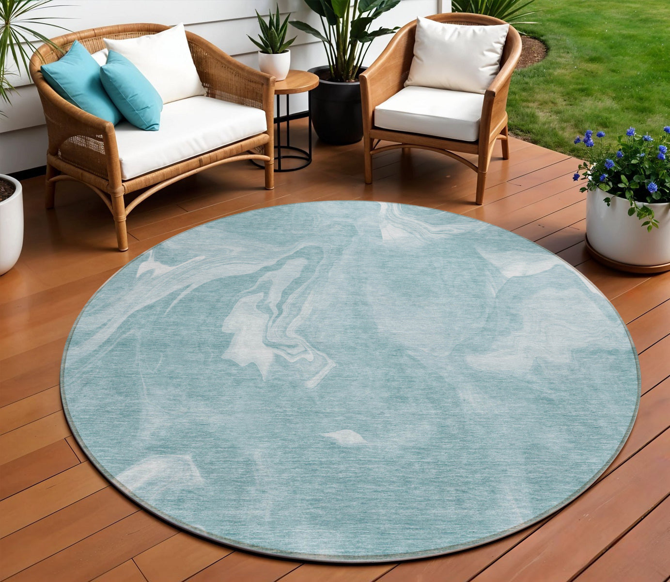 8' Teal Blue And Aqua Round Abstract Washable Indoor Outdoor Area Rug-0