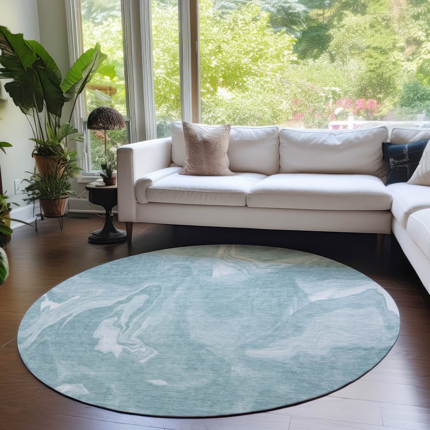 8' Teal Blue And Aqua Round Abstract Washable Indoor Outdoor Area Rug-6