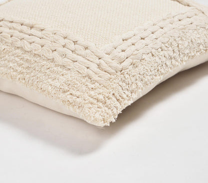 18" Beige Cotton Blend Throw Pillow Cover With Fringe-3