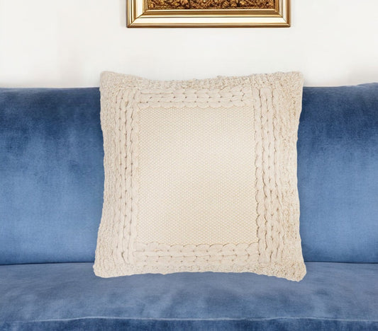 18" Beige Cotton Blend Throw Pillow Cover With Fringe-0