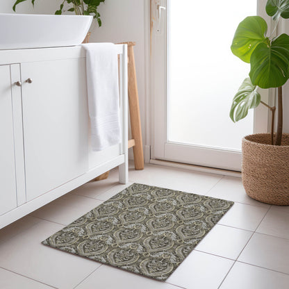 2' X 3' Taupe and Beige Damask Washable Non Skid Indoor Outdoor Area Rug-8