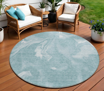 8' Teal Blue And Aqua Round Abstract Washable Indoor Outdoor Area Rug-0