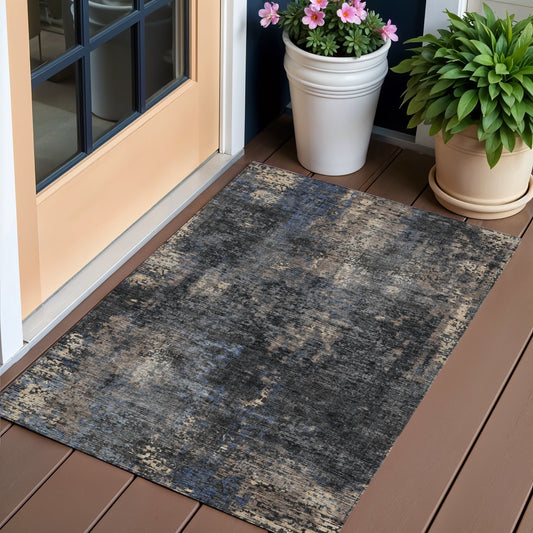 3' X 5' Charcoal Gray And Silver Abstract Washable Indoor Outdoor Area Rug-0