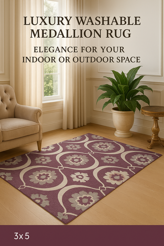 Luxury Medallion Washable Rug – Eggplant Ivory & Gray